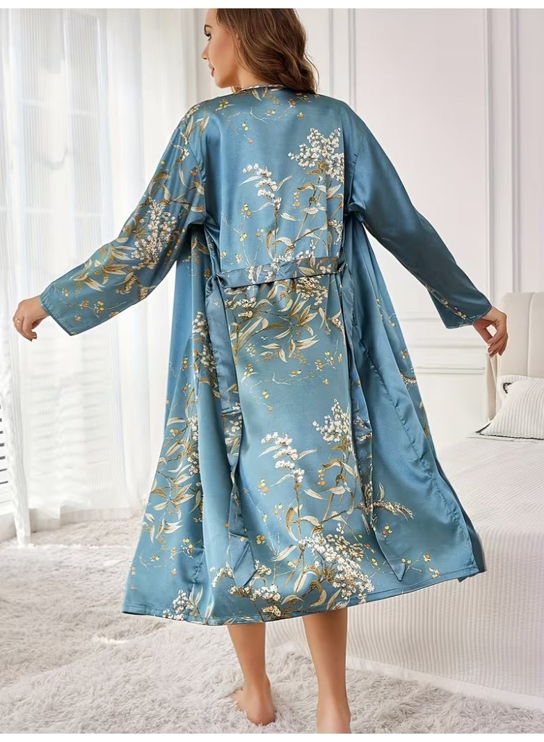 ناكسوس قمصان نوم نسائية، روب استحمام، صيفي، بأكمام طويلة، رداء من الساتان، بيجامات كيمونو - Image 3